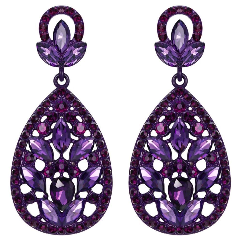 Purple with Purple Amethyst Austrian Crystal Teardrop Chandelier Post Earrings